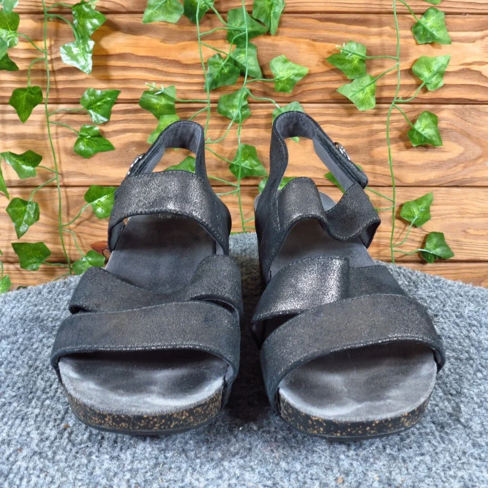 Dansko Stayce Womens Wedge Sandals Sz 38‎ US 7.5-8 Casual Black Metallic Leather